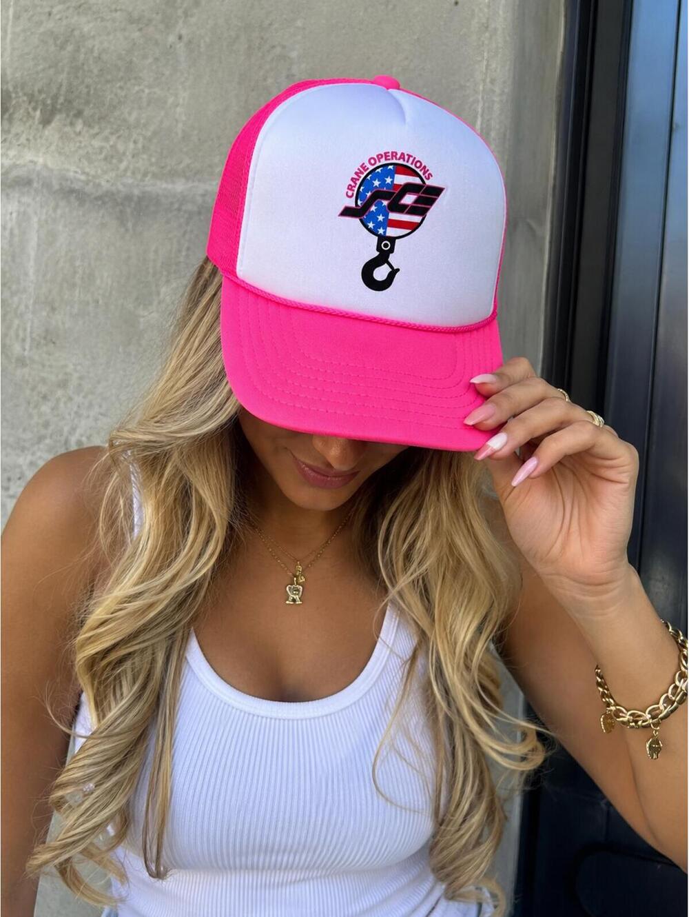Y2K Neon Pink Crane Operations Trucker Hat | OTTO Mesh Snapback Cap‎